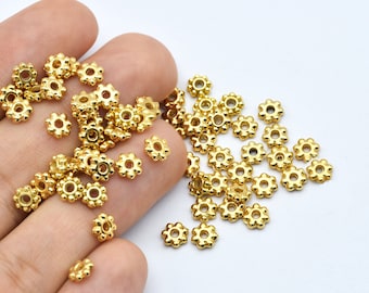 6mm 24k Shiny Gold Plated Flower Beads, Jewelry Findings, Tiny Beads, Tire Beads, Brass Beads, Mini Beads, Gold Plated Beads, Gold Beads