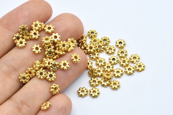 6mm 24k Shiny Gold Plated Flower Beads, Jewelry Findings, Tiny Beads, Tire Beads, Brass Beads, Mini Beads, Gold Plated Beads, Gold Beads