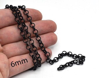 6mm Black Plated Rolo Chain, Soldered Chain, Round Link Chain, Black Rolo Chain, Dainty Chain, Rolo Chain, Black Plated Chain, CHN002