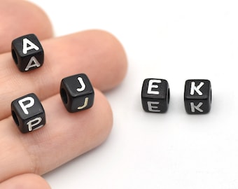 6x6mm White Alphabet Black Acrylic Letter Beads, Black Acrylic Beads, Acrylic Black Letters Beads, ABC Letter Beads, Name Beads