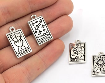 14x24mm Rhodium Plated Tarot Card Charm, Tarot Card Pendant, Tarot Necklace, Tarot Deck Pendant, Sun, Moon, Heart, World, Star Charm