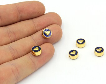8mm 24k Shiny Gold Plated Navy Blue Enamel Heart Beads, Bracelet Beads, Bracelet Charm, Heart Beads, Gold Heart Beads, Gold Plated Findings