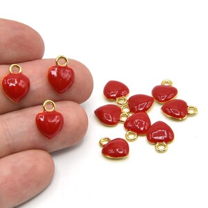 7x12mm 24k Shiny Gold Plated Red Enamel Mini Heart Charm, Heart Pendant, Tiny Heart Charm, Love Themed Findings, Dainty Heart Charm