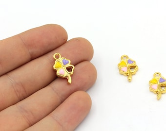 10x19mm 24k Shiny Gold Plated Colorful Clover Bracelet Charm, Clover Charm, Enamel Clover Pendant, Four Leaf Charm, Gold Plated Findings