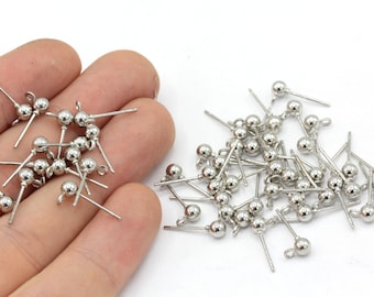 10 Pcs 4mm Rhodium Plated Ball Ear Posts, Stainless Steel Earring, Ball Stud Earrings, Earring Findings, Jewelry Supplier, Rhodium Findings