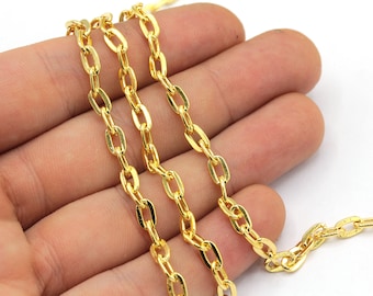 4x7mm 24k Shiny Gold Plated Oval Link Chain, Gold Cable Chain, Gold Oval Chain, Soldered Chain, Gold Satellite Chain, Gold Plated Chain