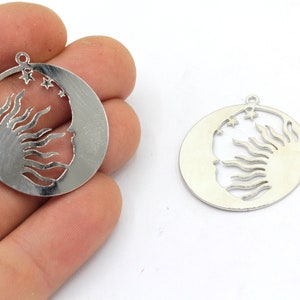 28x30mm Rhodium Plated Round Moon with Sun Charm, Rhodium Moon and Sun Pendant, Celestial Charm, Laser Cut Charm, Rhodium Plated Findings