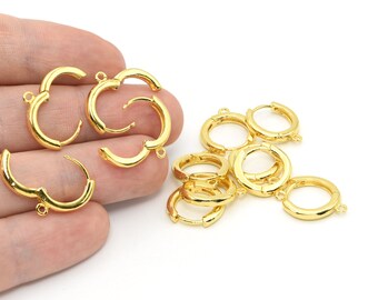 Aretes redondos de 15 mm chapados en oro brillante de 24 k, aretes con cierre de palanca, ganchos para la oreja con cierre de palanca, aretes de aro, cierres de aretes de oro, accesorios para aretes