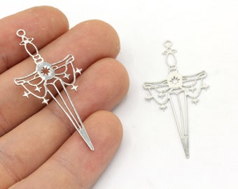 20x46mm Rhodium Plated Sword Charm, Knight's Sword Pendant, Long Sword Charm, Laser Cut Charm, Charm Earrings, Rhodium Plated Findings