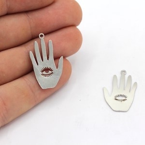 15x26mm Stainless Steel Hamsa with Evil Eye Charm, Steel Hand Pendant, Charm Earring, Hand Evil Eye Charm, Laser Cut Charm, Steel Findings
