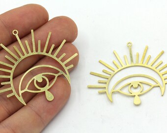 41 x 49 mm Charm goutte en laiton, Pendentif soleil en laiton avec lune, Boucles d'oreilles breloques en laiton, Breloque mauvais œil, Breloque découpée au laser, Apprêts en laiton