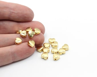 7mm 24k Shiny Gold Plated Mini Heart Beads, Heart Bracelet Beads, Mini Charm, Heart Spacer Beads, Bracelet Connector, Gold Plated Findings
