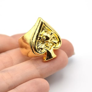 24K Shiny Gold Plated Adjustable Spades and Skull Ring, Spades Ring, Jewelry Ring, Gold Plated Ring, Brass Ring Findings, Bohem Ring
