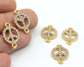 19x12.5mm Gold Plated Cz Micro Pave Peace Charm, Peace Pendant, Peace Symbol, Peace Necklace, Bracelet Connector, Gold Plated Charms CZ224