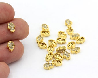 Dijes para pulsera de Hamsa con micropavé chapado en oro brillante de 24 k (6 x 7 mm), cuentas de circonita, cuentas de Hamsa con micropavé, dijes para pulsera de oro, cuentas de oro