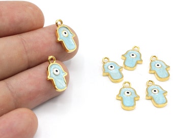 10x15mm  24k Shiny Gold Plated Hamsa Charms, Turquoise Enamel Hamsa, Fatima Hand Charms, Hamsa Evil Eye Charms, Gold Plated Pendant