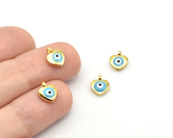 7x8mm 24k Shiny Gold Plated Mini Heart Evil Eye Charms, Turquoise Enamel Heart Shaped Evil Eye Pendant, Heart Necklace, GLD115