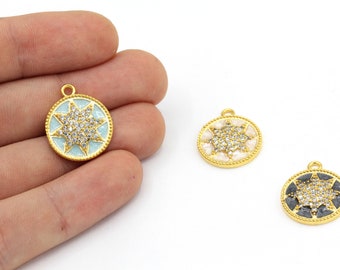 Dije de sol con micropavé de circonitas cúbicas, 17 x 20 mm, chapado en oro brillante de 24 k, colgante de sol con micropavé, colgante de sol con pavé, dije de sol con circonitas, fornituras de oro.