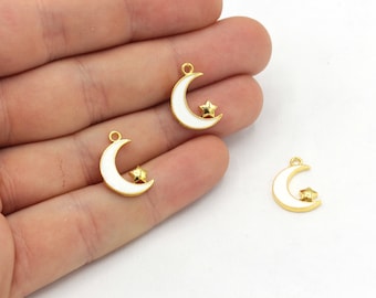 9 x 17 mm 24 kt glanzend verguld wit email maanbedel, maanarmbandbedel, hemelse bedels, wassende maan bedel, maan met ster bedel