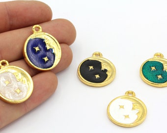 21 x 25 mm 24k glänzende vergoldete Emaille Mond Anhänger, Mond mit Stern, Emaille Mond Anhänger, Halbmond Anhänger, Goldmond Anhänger, vergoldetes Zubehör