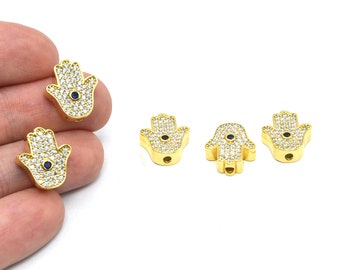 Cuentas de Hamsa micropavé de 15 x 17 mm, chapadas en oro brillante de 24 k, conector de pulsera pavé, espaciador de Hamsa dorado, CZ250