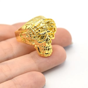 24K Shiny Gold Plated Adjustable Skull Ring, Boho Ring, Jewelry Ring, Wholesale Ring, Gold Plated Ring, Brass Ring Findings, Bohem Ring