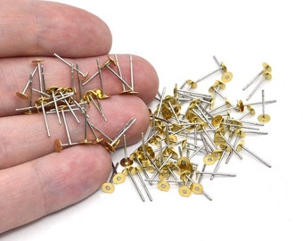 50 stuks roestvrijstalen oorstekers van 4 mm, messing oorbel, oorbelbevindingen, platte spijker, platte oorbelpennen, oorpennen, JM083