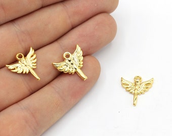 5 pezzi da 15 mm in oro lucido 24k, ciondolo a forma di angelo, ciondolo a forma di braccialetto a forma di angelo, ciondolo a forma di angelo in oro, perline a forma di angelo in oro, componenti placcati in oro