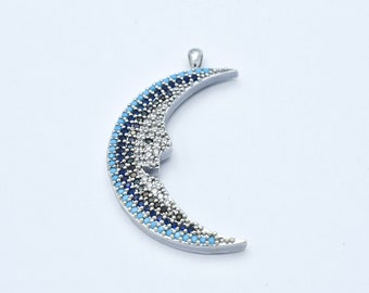 25x41mm Rhodium Plated CZ Micro Pave Happy Moon Pendant, CZ Pave Crescent Charms, Cubic Zirconia Charms, Celestial Findings, CZ206