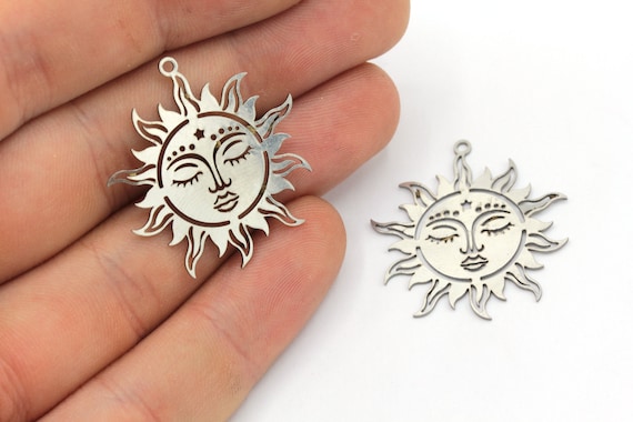 27x30mm Stainless Steel Sun Face Charm, Steel Sun Pendant, Charm Earrings, Sunburst Charm, Celestial Charm, Laser Cut Charm, Steel Findings