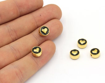 8mm 24k Shiny Gold Plated Black Enamel Heart Beads, Heart Spacer Beads, Bracelet Charm, Heart Beads, Gold Heart Beads, Gold Plated Findings