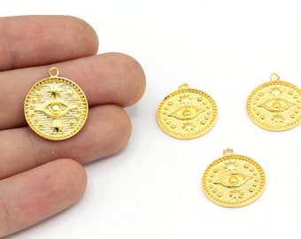 Dije de ojo malvado chapado en oro brillante de 24 k (18 x 20 mm), colgante de ojo malvado, colgante de ojo malvado redondo, dije de ojo malvado dorado, dijes de moneda, colgante de ojo dorado