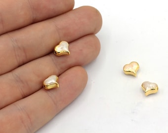 8mm 24k Shiny Gold Plated White Enamel Heart Bracelet Charm, Heart Spacer Beads, Enamel Heart Beads, Gold Heart Beads, Gold Plated Findings