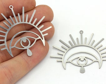 41x49mm Stainless Steel TearDrop Charm, Steel Sun with Moon Pendant, Steel Charm Earrings, Evil Eye Charm, Laser Cut Charm, Steel Findings