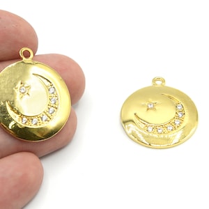 30mm 24k Shiny Gold Plated CZ Micro Pave Moon and Star Charms, Pave Crescent Pendants, Large Moon Charms, Pave Moon Pendants, Moon and Star