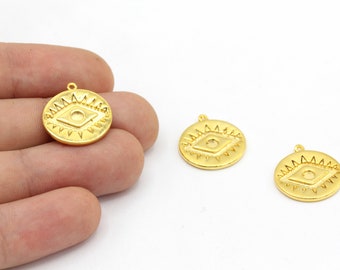Dije de ojo malvado chapado en oro brillante de 24 k (17 x 19 mm), colgante de ojo malvado, colgante de ojo malvado redondo, dije de ojo malvado dorado, dijes de moneda, colgante de ojo dorado