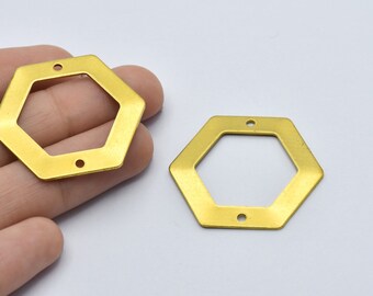 34x30mm Raw Brass Hexagon Shaped Blank Charms, 2 Holes Raw Brass Hexagon Pendant, Raw Brass Plate, Brass Findings, Geometric Charm, RB176