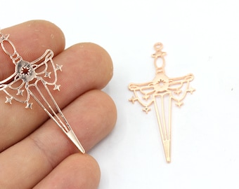 20x46mm Rose Gold Plated Sword Charm, Knight's Sword Pendant, Long Sword Charm, Laser Cut Charm, Charm Earrings, Rose Gold Plated Findings