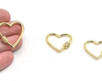 23x26mm 24k Shiny Gold Heart Shaped Screw Clasp, Cz Screw Clasp, Micro Pave Screw Clasp, Gold Necklace Clasp Pendant, Carabiner Clasp, CZ244