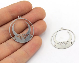 27x29mm Stainless Steel Round Monn with Flower Charm, Steel Moon Pendant, Steel Charm Earrings, Crescent Charm, Stainless Steel Findings