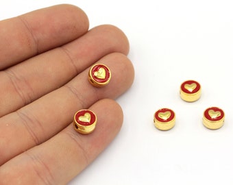 8mm 24k Shiny Gold Plated Red Enamel Heart Beads, Heart Spacer Beads, Bracelet Charm, Heart Beads, Gold Heart Beads, Gold Plated Findings