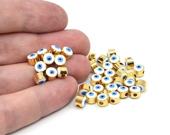 6x6mm 24k Shiny Gold Plated Evil Eye Beads, White Enamel Evil Eye Charms, Bracelet Connector, Evil Eye Bracelet, Evil Eye Spacer Beads