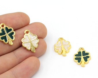 15x20mm 24k Shiny Gold Plated Enamel Clover Bracelet Charm, Gold Clover Charm, Enamel Clover Pendant, Four Leaf Charm, Gold Plated Findings