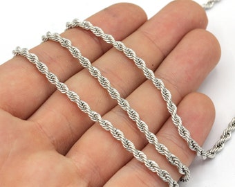 3mm Rhodium Plated Rope Chain Necklace/Bracelet, Rhodium Rope Chain, Singapore Chain, Twisted Rope Chain, Bulk Chain, Rhodium Plated Chain