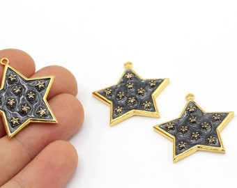 30mm 24k Shiny Gold Plated CZ Micro Pave Enamel Star Charm, Black Enamel Star Charm, Pave Star Charm, Gold Star Charm, Gold Plated Pendant