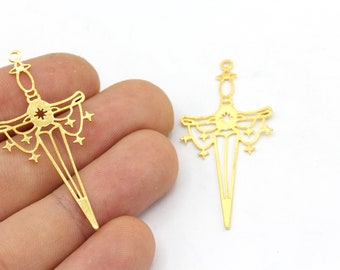 20x46mm 24k Shiny Gold Plated Sword Charm, Knight's Sword Pendant, Long Sword Charm, Laser Cut Charm, Charm Earrings, Gold Plated Findings