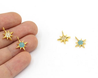 Dije de estrella del norte diminuta con micropavé de circonita cúbica bañado en oro brillante de 24 k (12 x 15 mm), colgante de estrella del norte dorado, dije celestial, dijes de pulsera de estrella del norte pavé