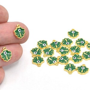 9 x 10 mm 24k glänsande guldpläterade ostronberlocker, ostronhänge i grön emalj, ostronberlock med onda ögat, liten snäckskalberlock, litet ögahänge, G95