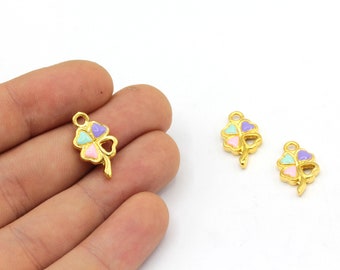 10x19mm 24k Shiny Gold Plated Colorful Clover Bracelet Charm, Clover Charm, Enamel Clover Pendant, Four Leaf Charm, Gold Plated Findings