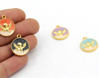 17x20mm 24k Shiny Gold Plated Enamel Baby Angel Charm, Gold Angel Pendant, Enamel Angel Charm, Baby Angel Charm, Gold Plated Findings